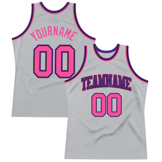 Custom Gray Pink Black-Purple Authentic Throwback Basketball Jersey - Main View