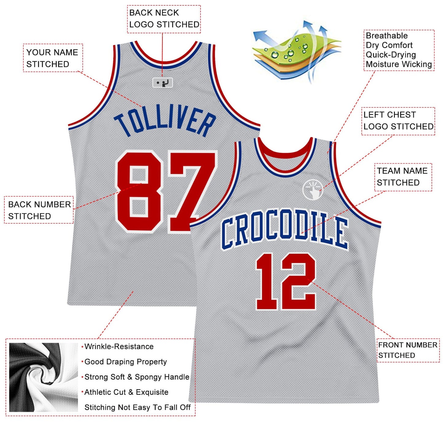 Custom Gray Red-Royal Authentic Throwback Basketball Jersey view 2