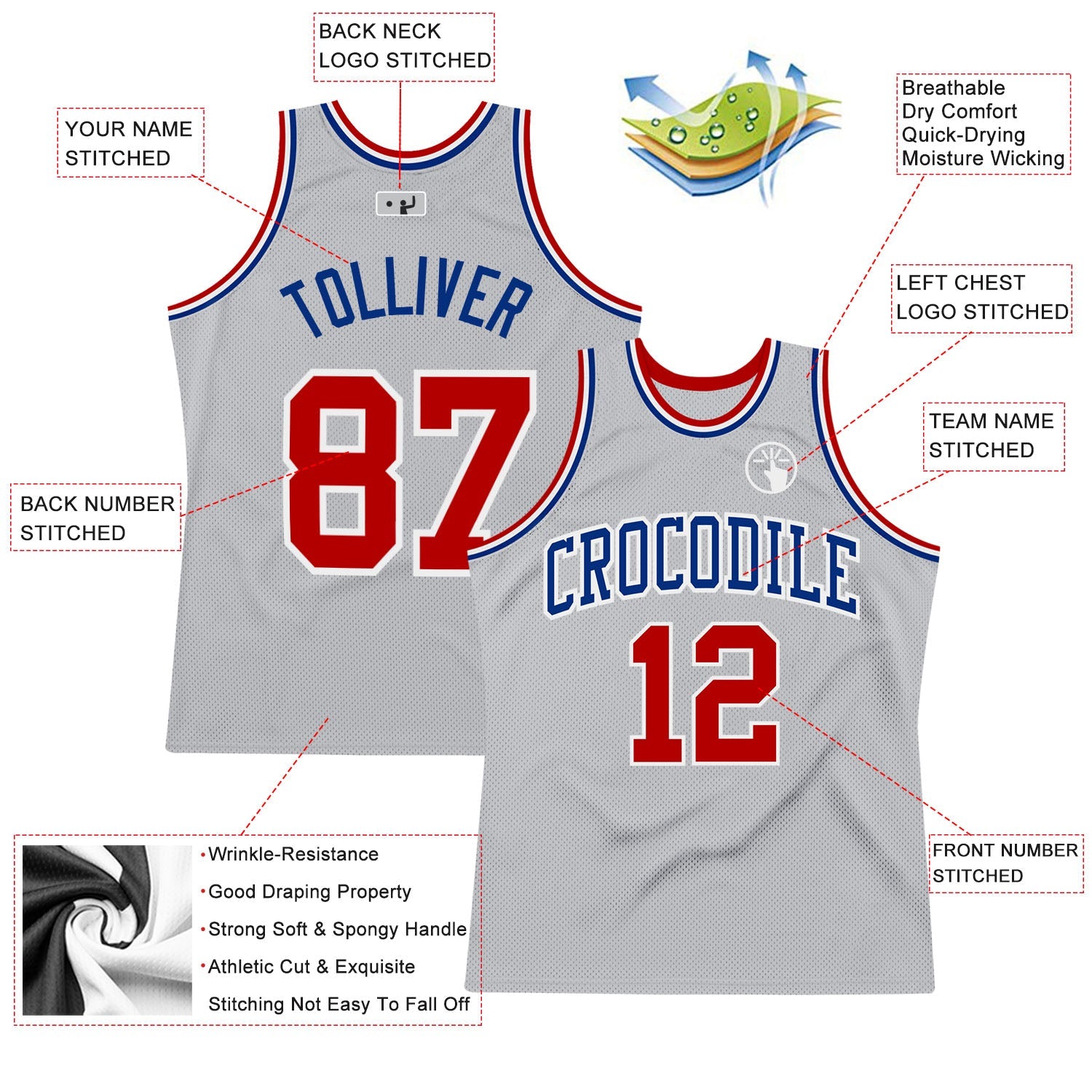 Custom Gray Red-Royal Authentic Throwback Basketball Jersey view 2
