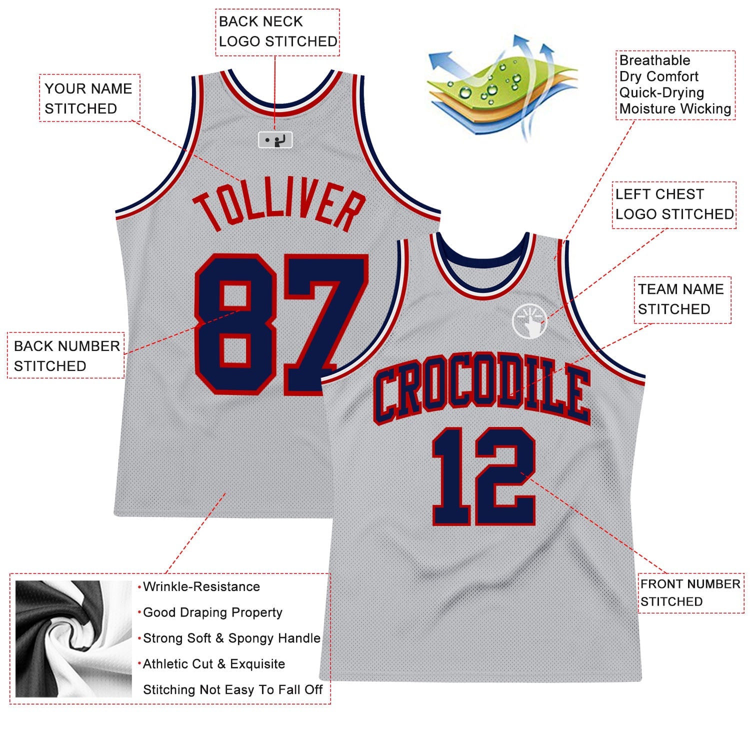 Custom Gray Navy-Red Authentic Throwback Basketball Jersey view 2