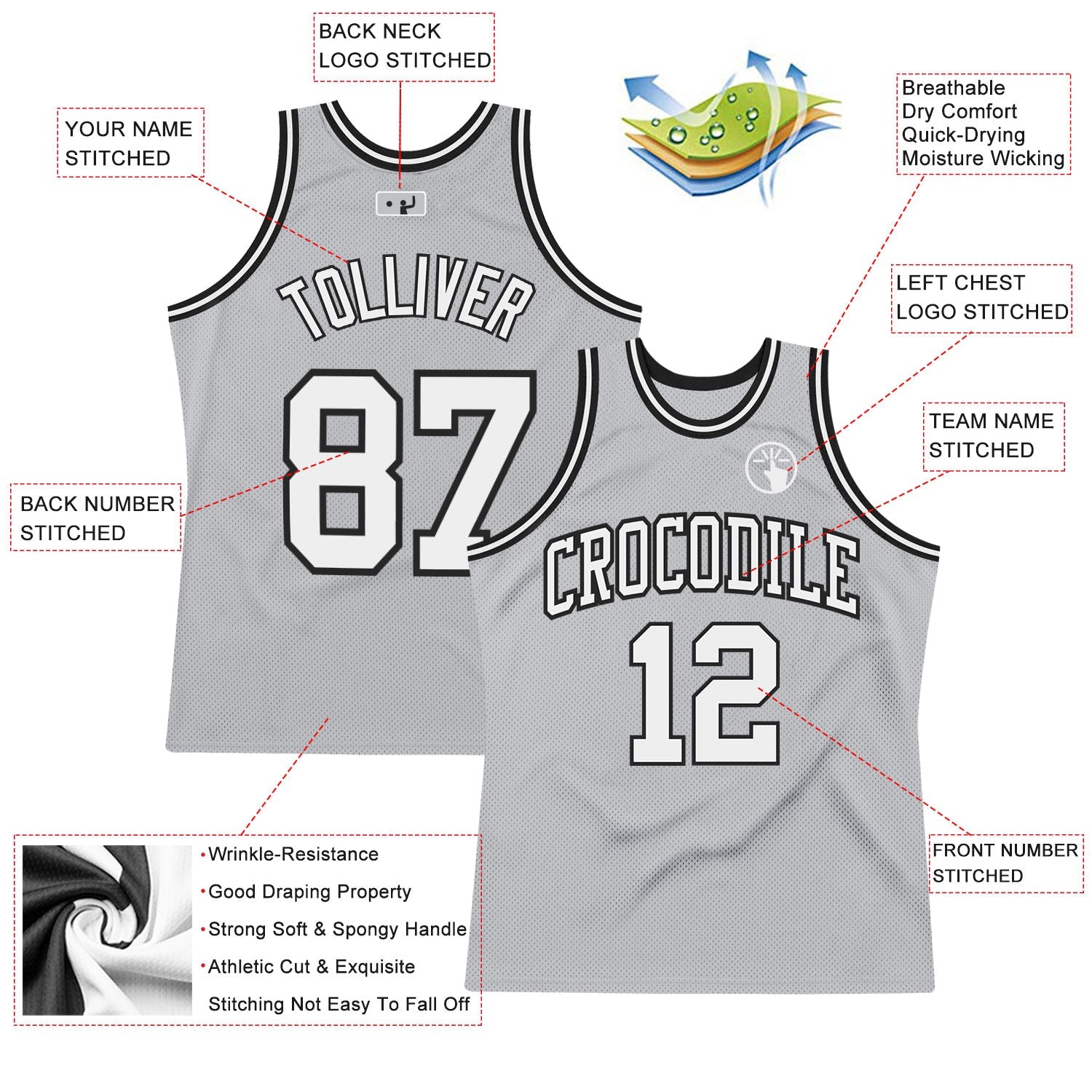 Custom Gray White-Black Authentic Throwback Basketball Jersey view 2