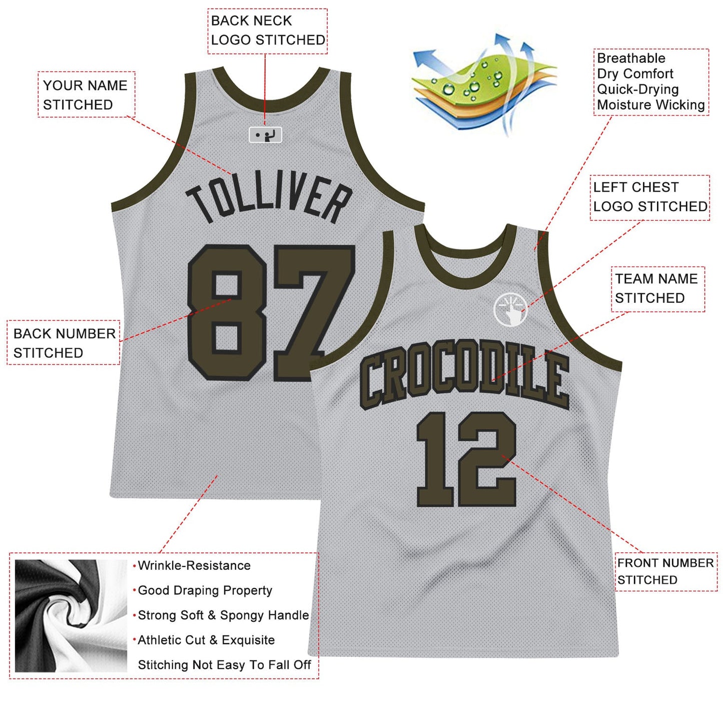 Custom Gray Olive-Black Authentic Throwback Basketball Jersey view 2