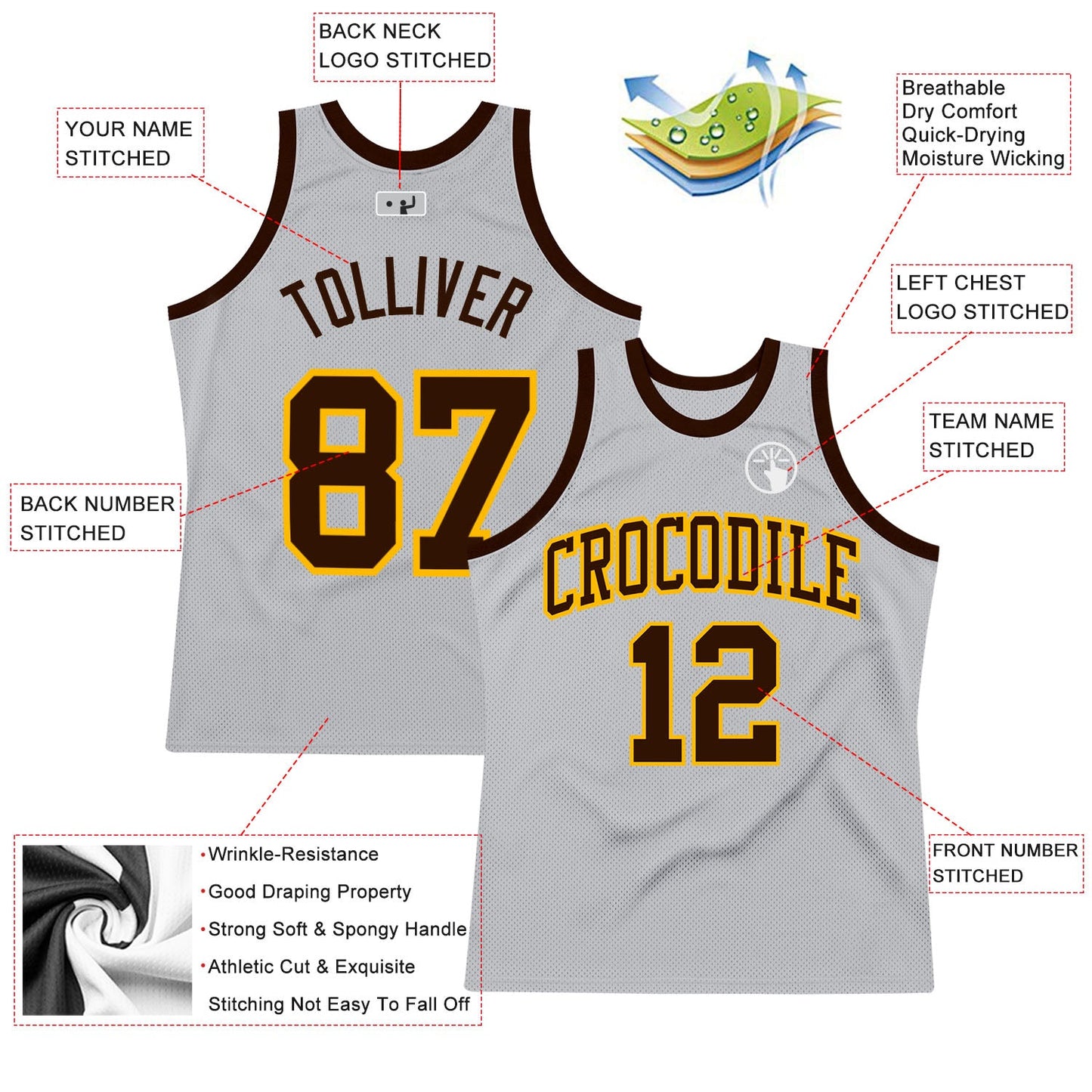 Custom Gray Brown-Gold Authentic Throwback Basketball Jersey view 2