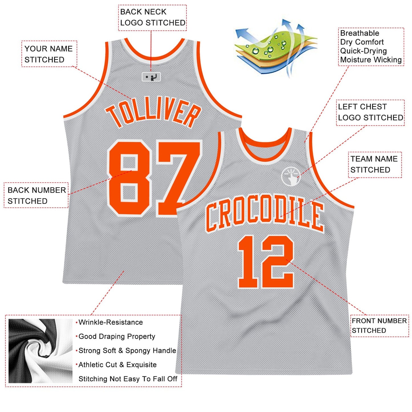 Custom Gray Orange-White Authentic Throwback Basketball Jersey view 2