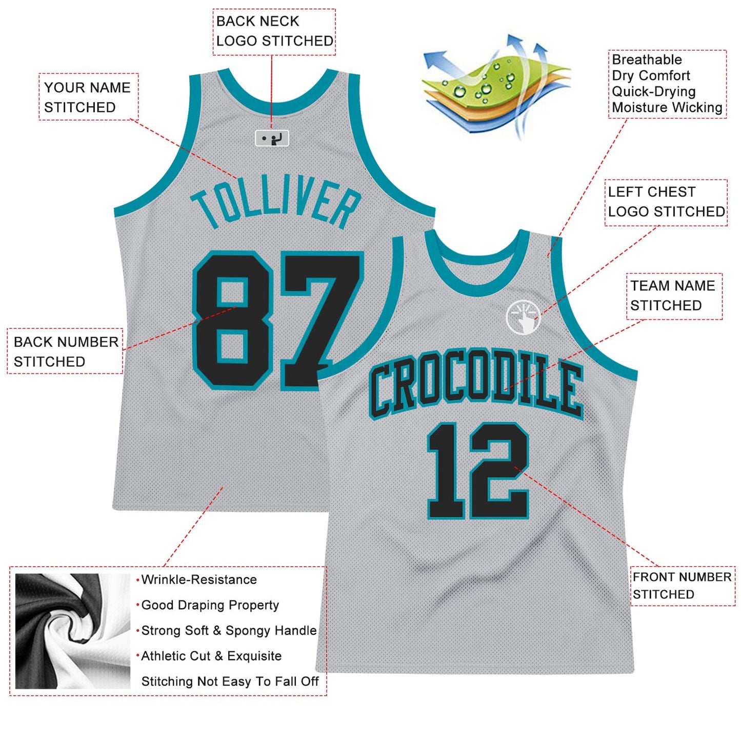 Custom Gray Black-Teal Authentic Throwback Basketball Jersey view 2