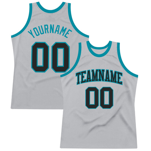 Custom Gray Black-Teal Authentic Throwback Basketball Jersey - Main View