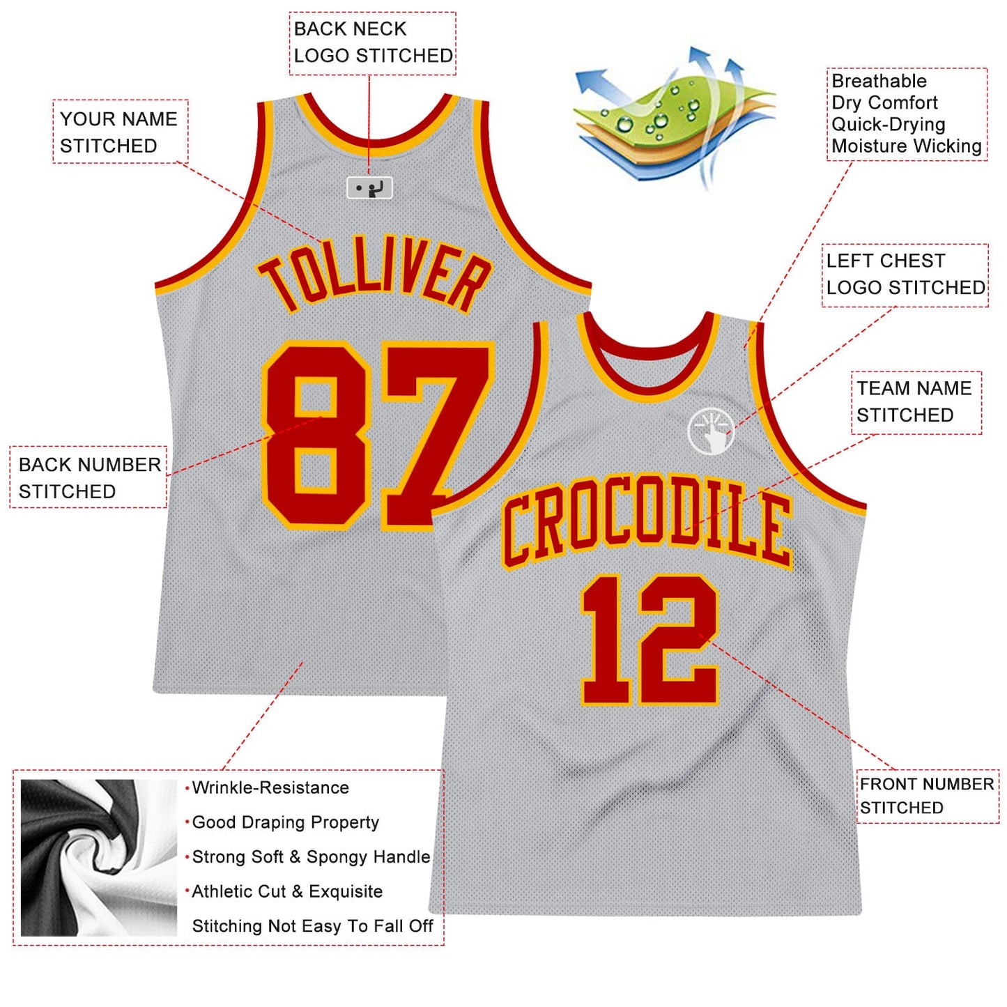 Custom Gray Red-Gold Authentic Throwback Basketball Jersey view 2