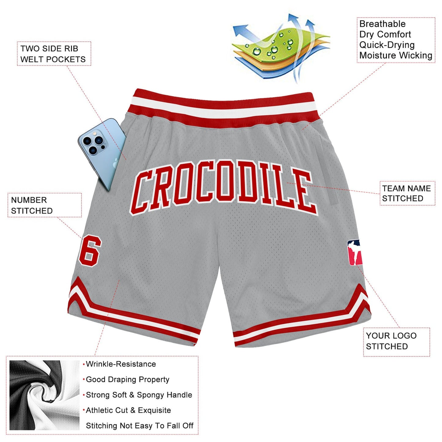 Custom Gray Red-White Authentic Throwback Basketball Shorts view 2