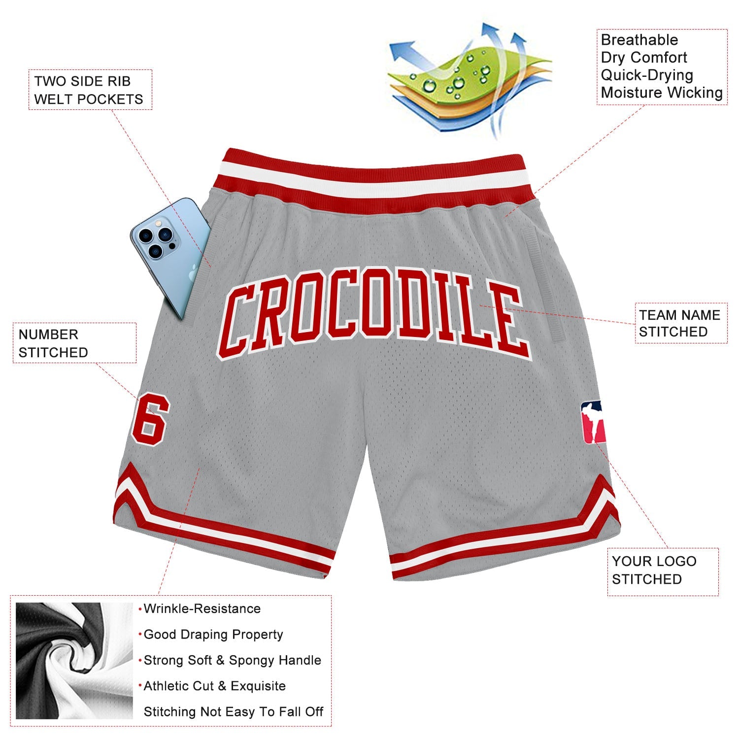 Custom Gray Red-White Authentic Throwback Basketball Shorts view 2