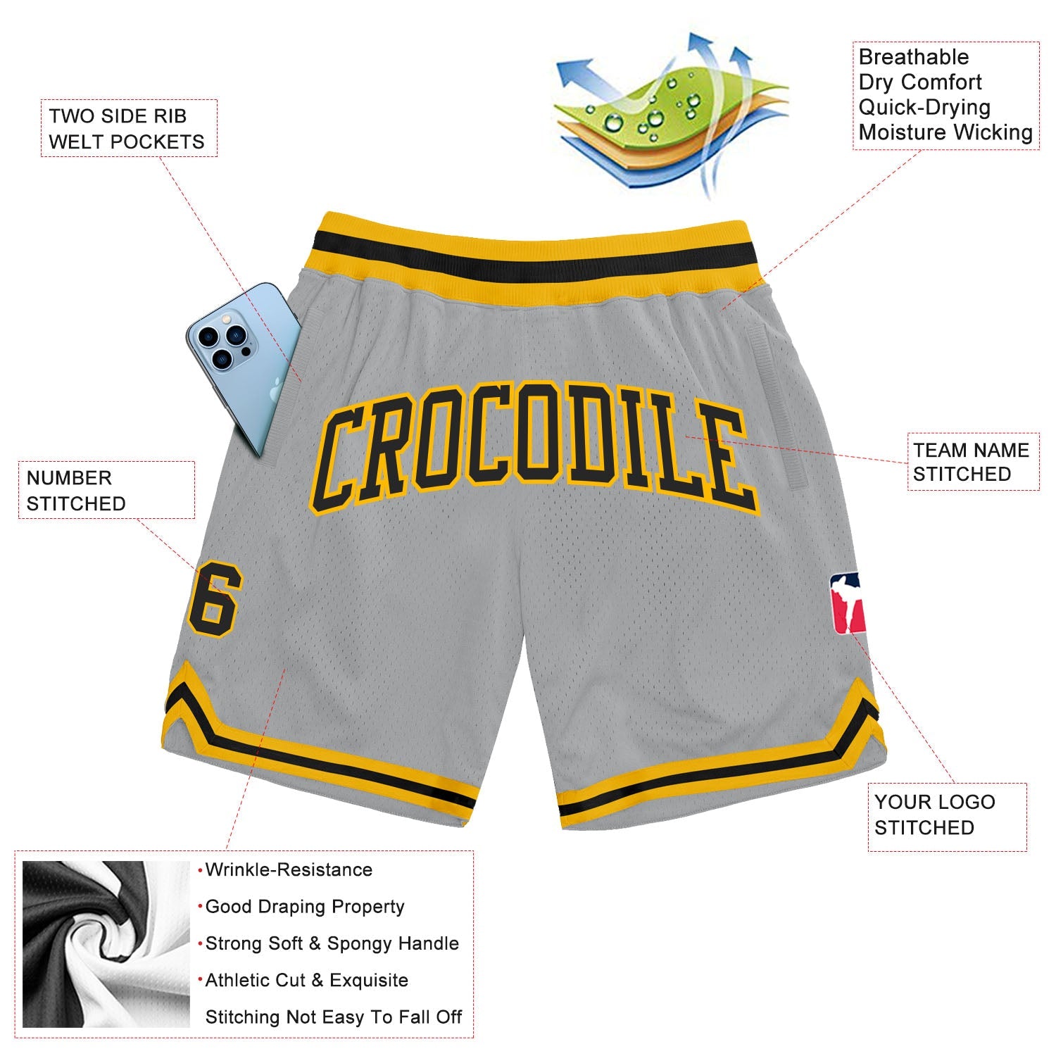 Custom Gray Black-Gold Authentic Throwback Basketball Shorts view 2