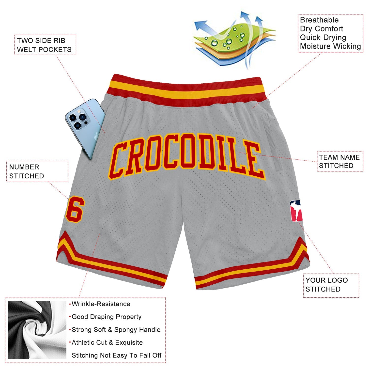 Custom Gray Red-Gold Authentic Throwback Basketball Shorts view 2