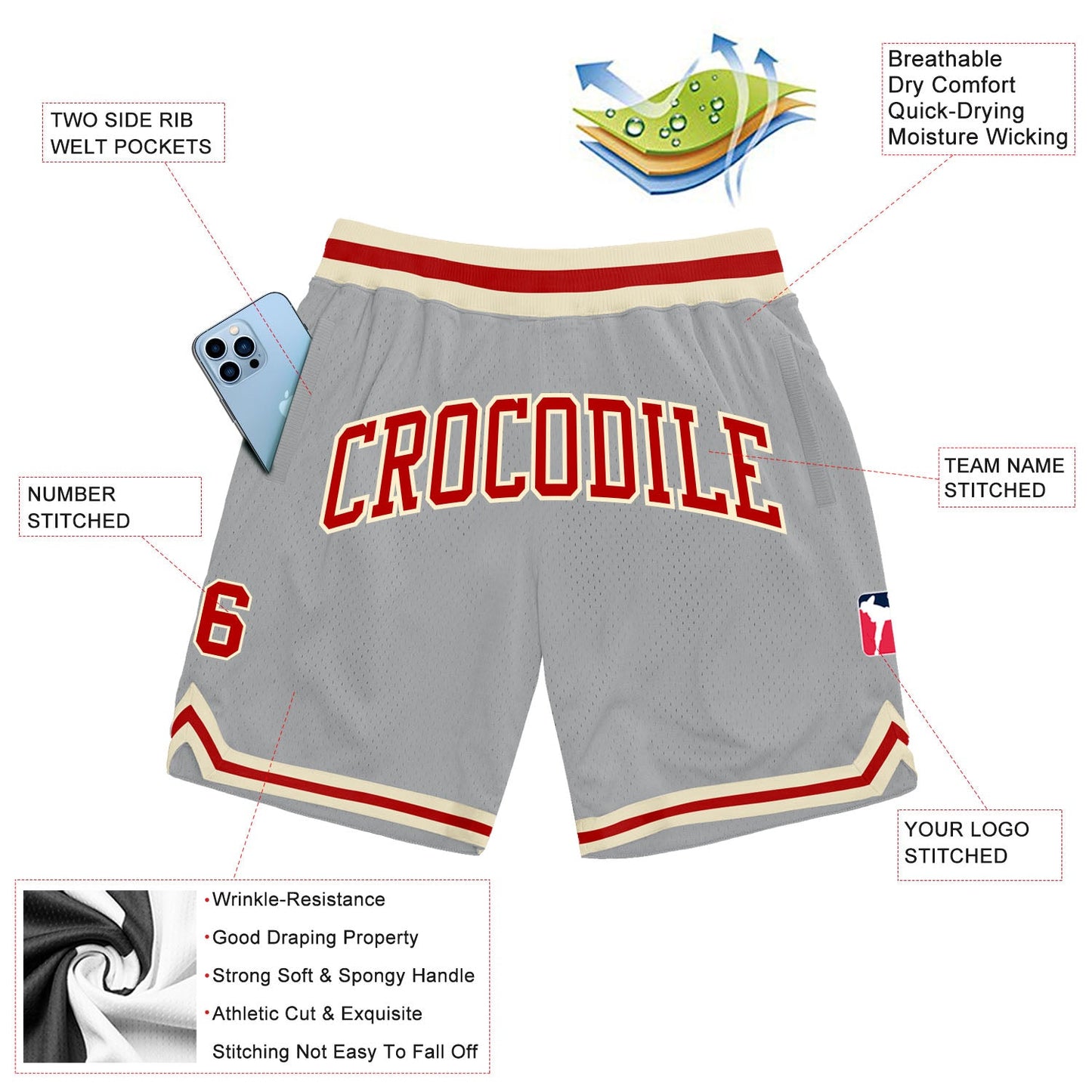 Custom Gray Red-Cream Authentic Throwback Basketball Shorts view 2