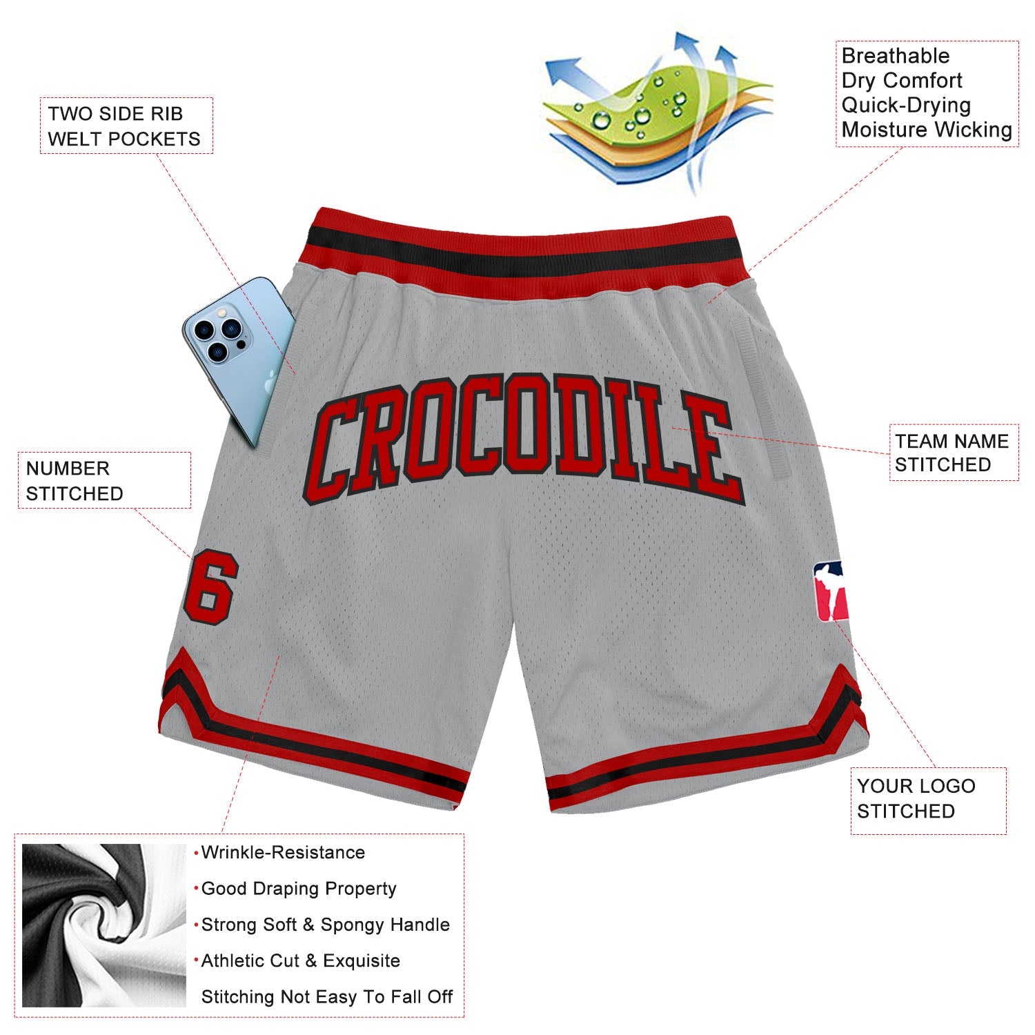 Custom Gray Red-Black Authentic Throwback Basketball Shorts view 2