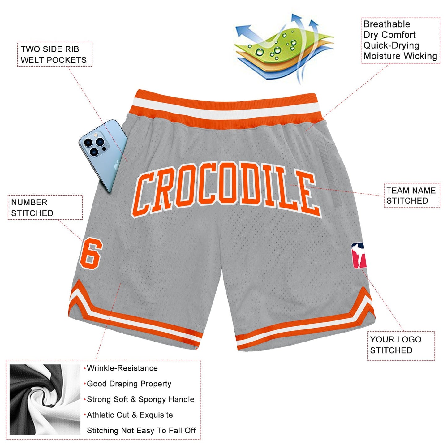 Custom Gray Orange-White Authentic Throwback Basketball Shorts view 2