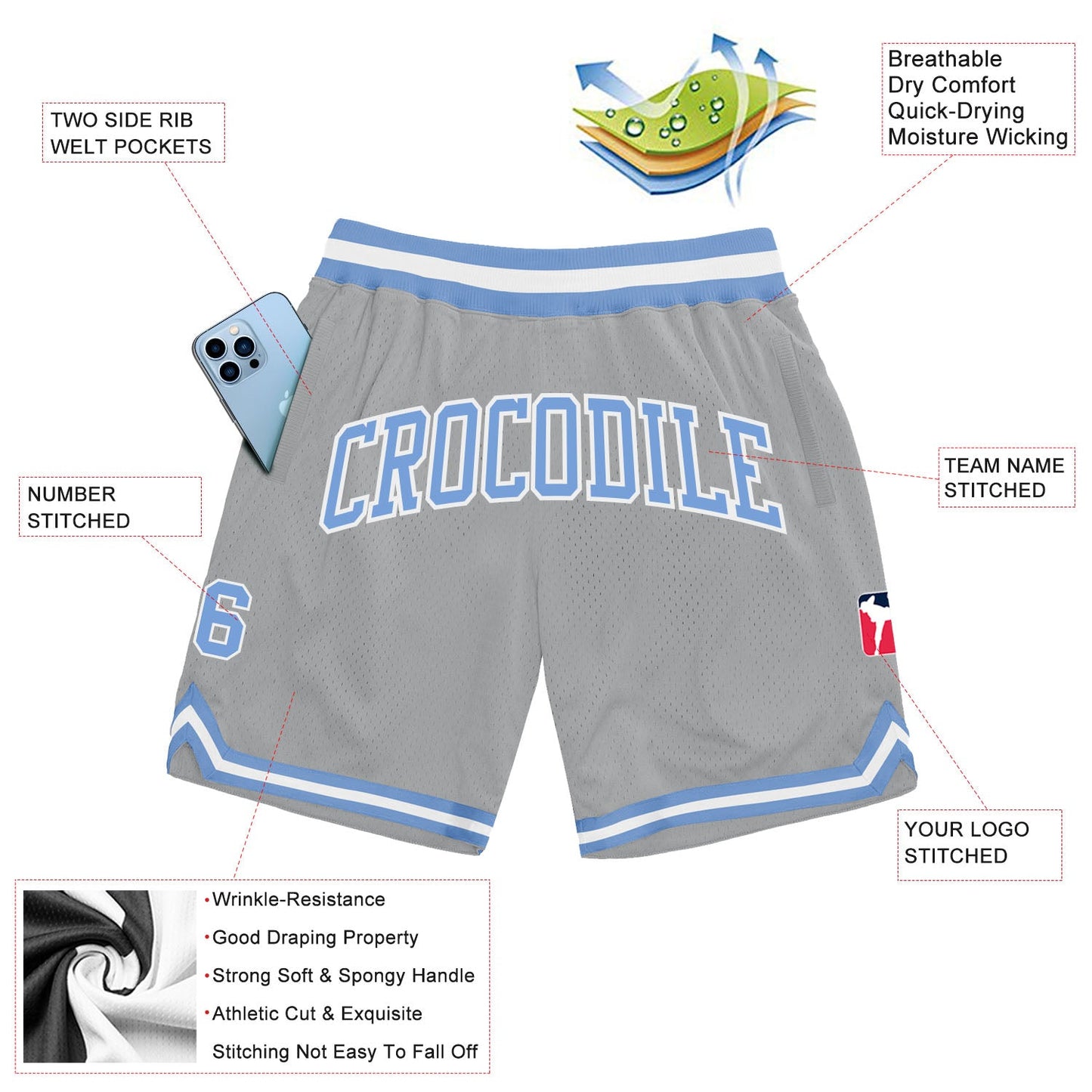 Custom Gray Light Blue-White Authentic Throwback Basketball Shorts view 2
