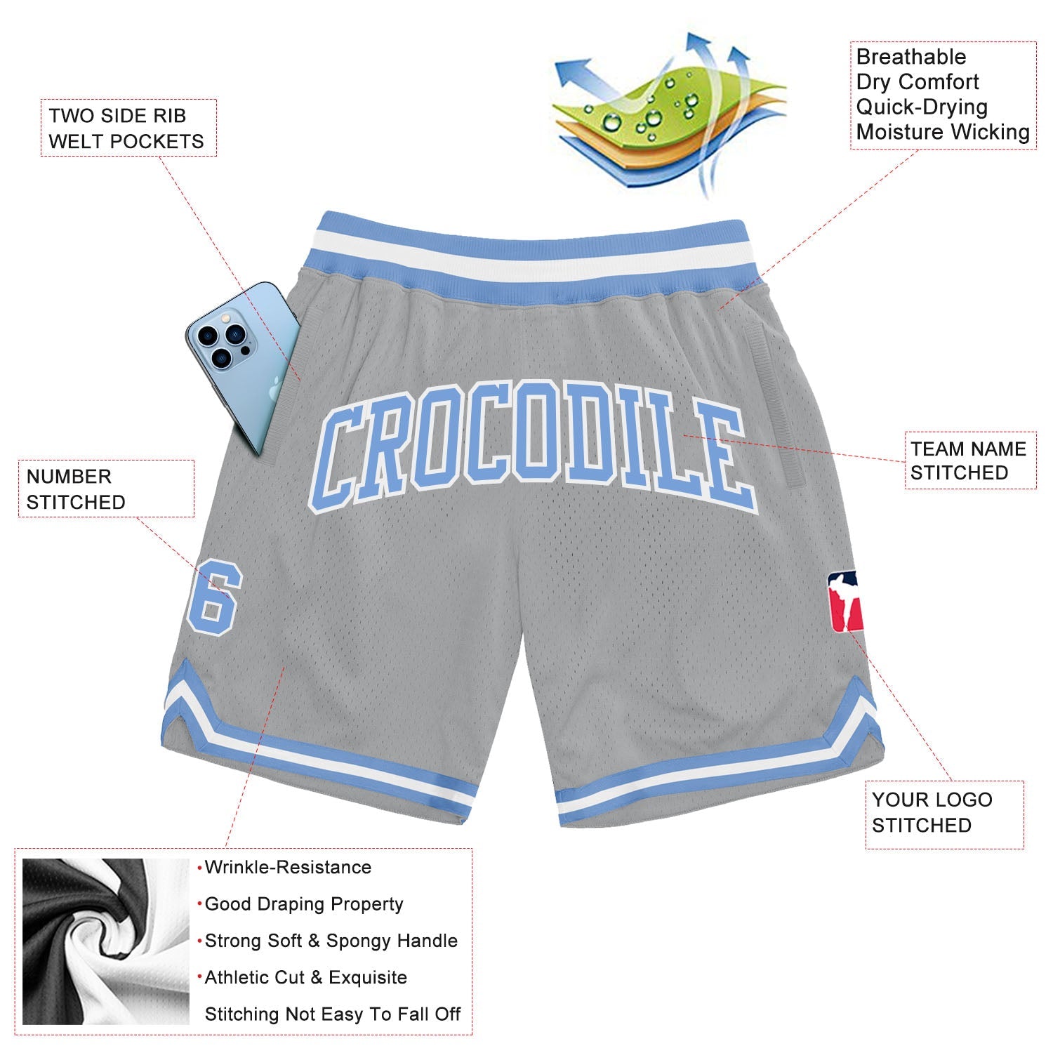 Custom Gray Light Blue-White Authentic Throwback Basketball Shorts view 2