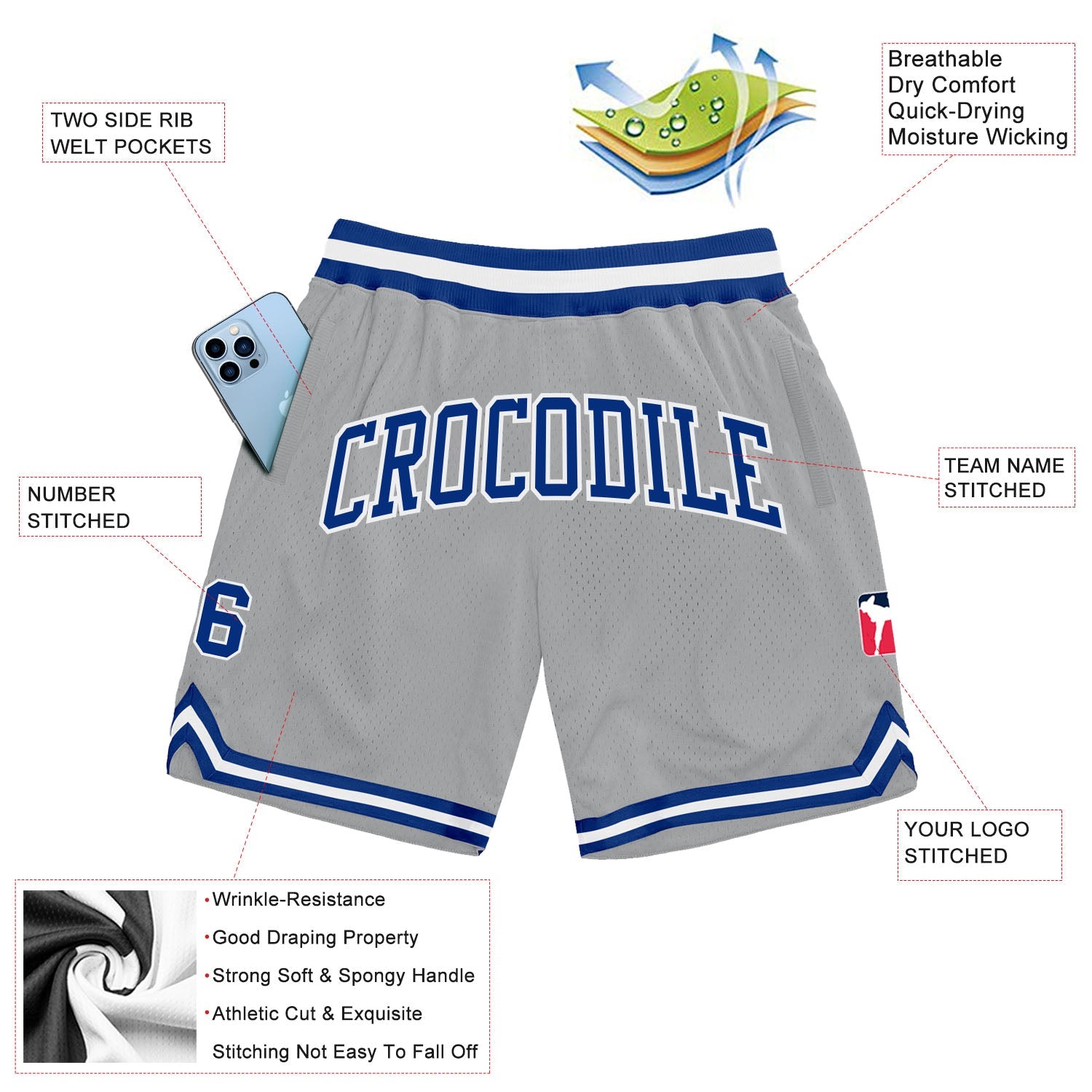 Custom Gray Royal-White Authentic Throwback Basketball Shorts view 2