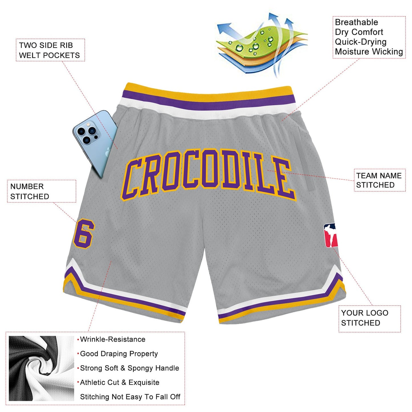 Custom Gray Purple-Gold Authentic Throwback Basketball Shorts view 2