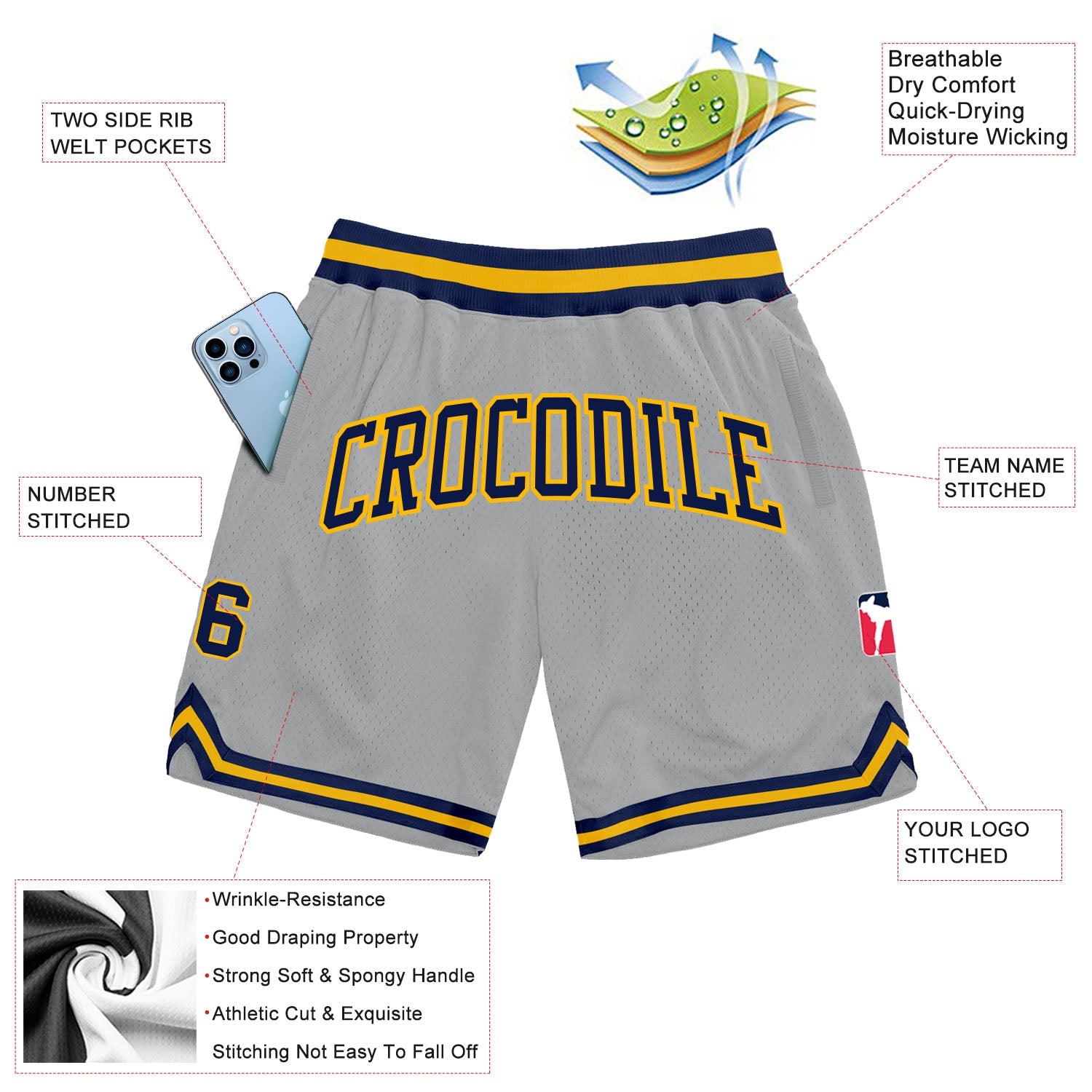 Custom Gray Navy-Gold Authentic Throwback Basketball Shorts view 2