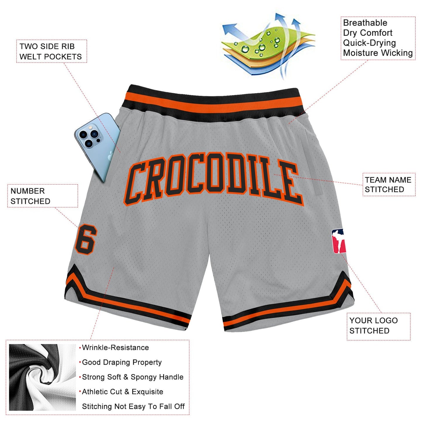 Custom Gray Black-Orange Authentic Throwback Basketball Shorts view 2