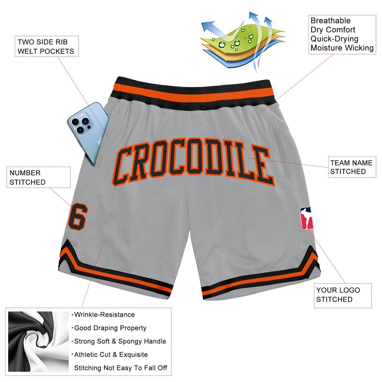 Custom Gray Black-Orange Authentic Throwback Basketball Shorts view 2