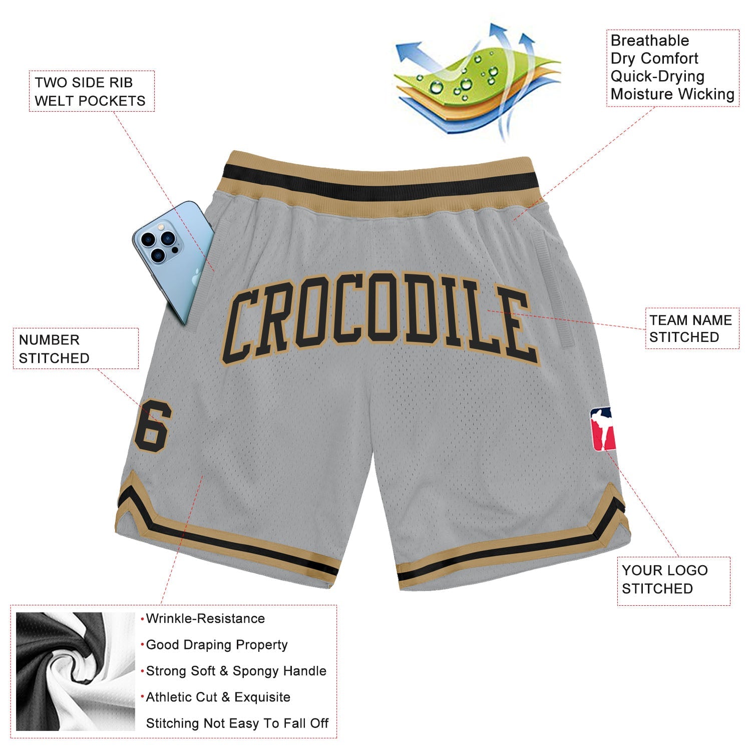 Custom Gray Black-Old Gold Authentic Throwback Basketball Shorts view 2