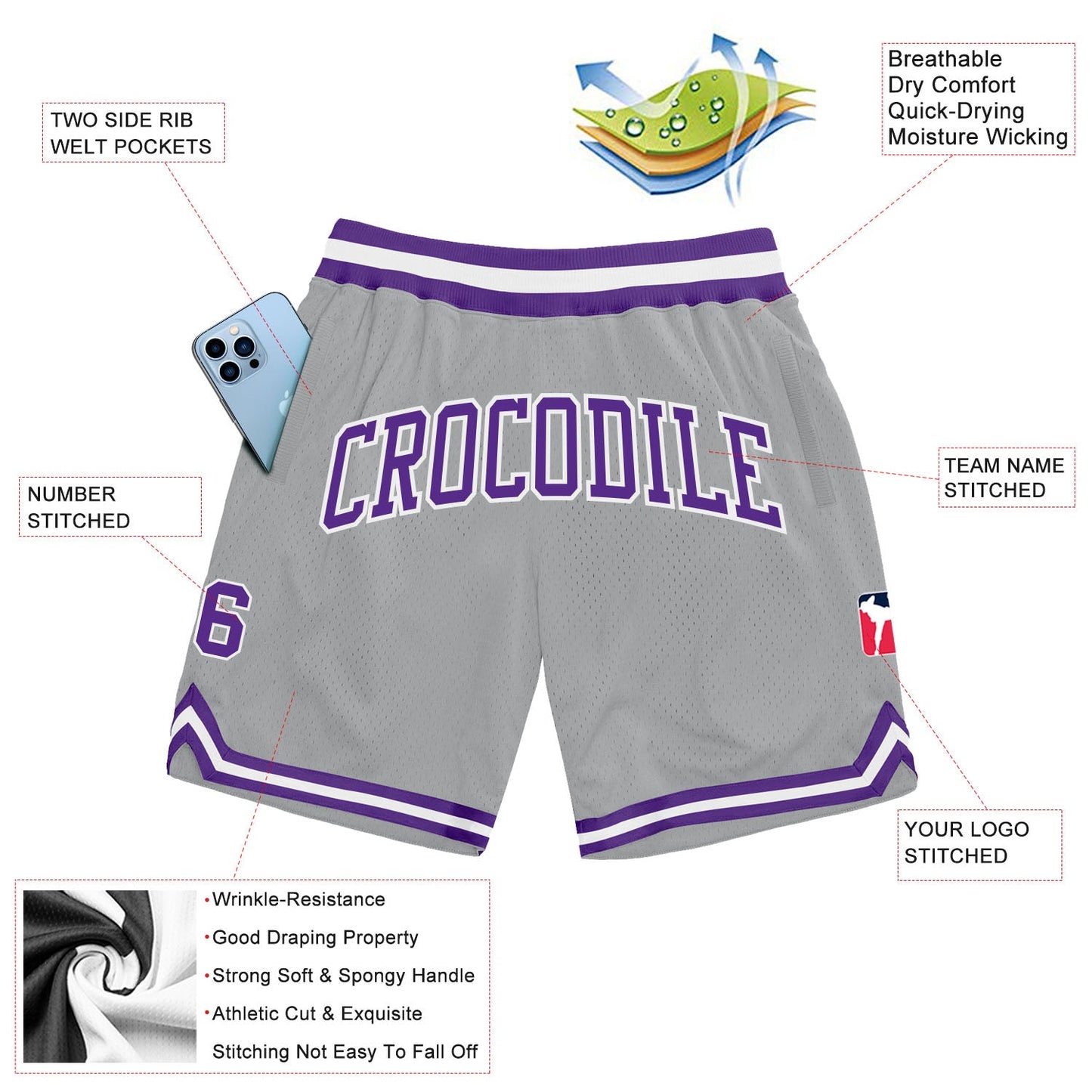 Custom Gray Purple-White Authentic Throwback Basketball Shorts view 2