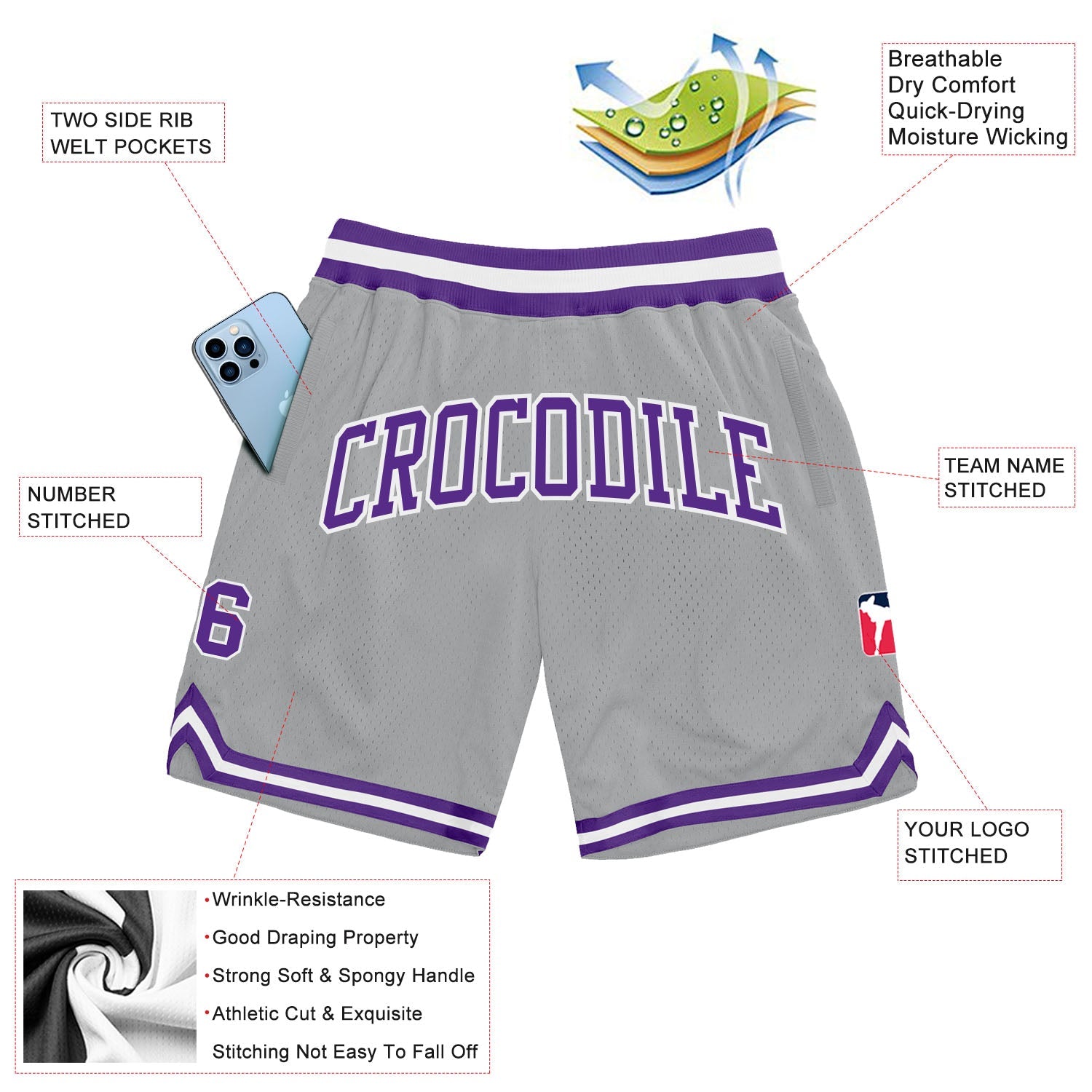 Custom Gray Purple-White Authentic Throwback Basketball Shorts view 2