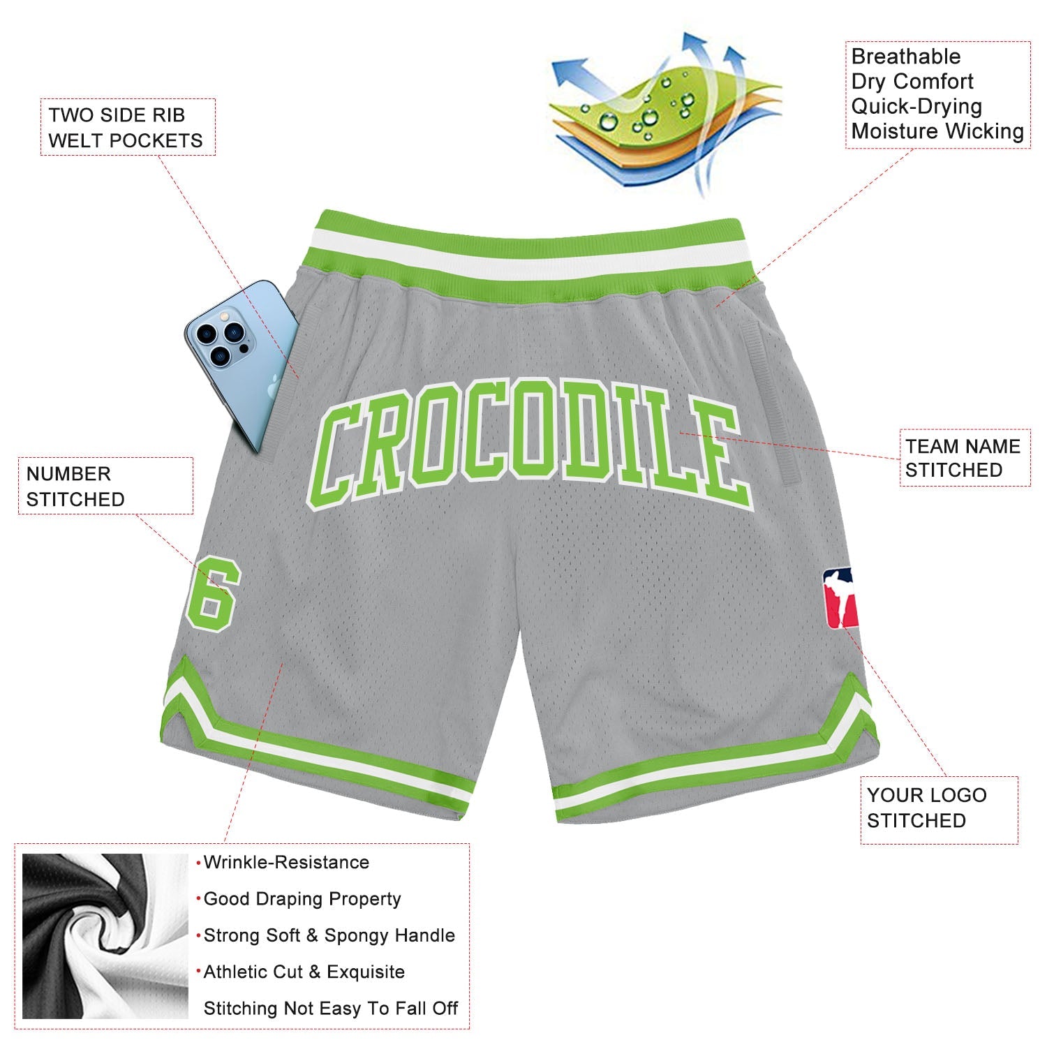 Custom Gray Neon Green-White Authentic Throwback Basketball Shorts view 2