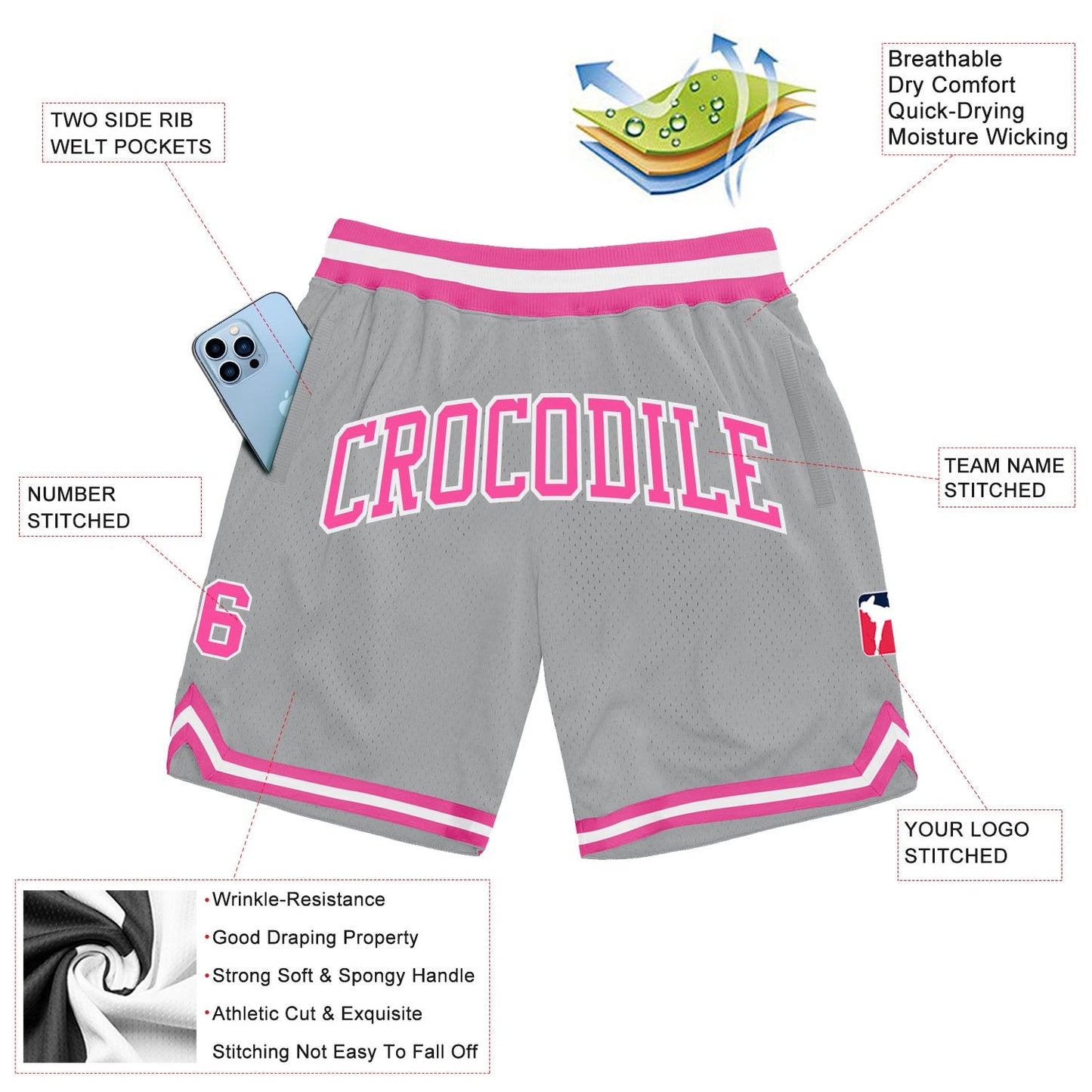 Custom Gray Pink-White Authentic Throwback Basketball Shorts view 2