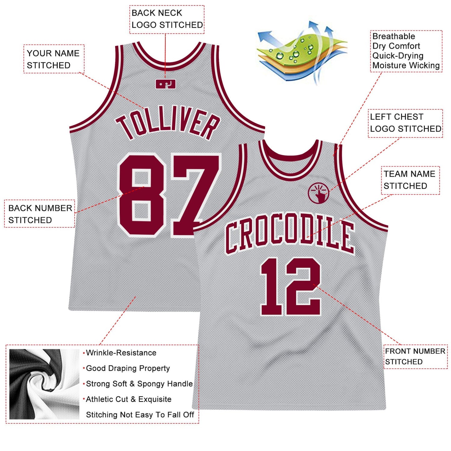 Custom Gray Maroon-White Authentic Throwback Basketball Jersey view 2