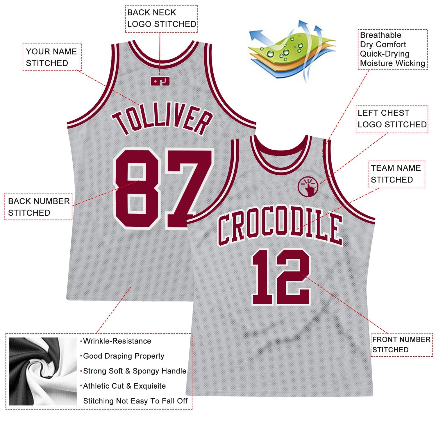 Custom Gray Maroon-White Authentic Throwback Basketball Jersey view 2