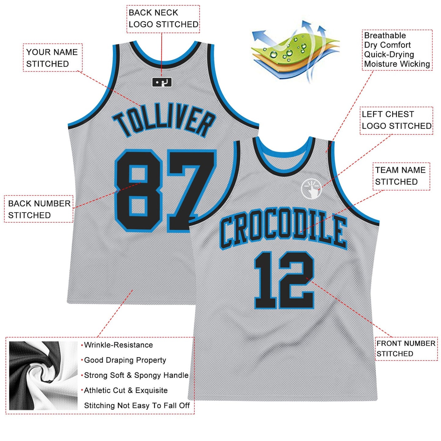 Custom Gray Black-Blue Authentic Throwback Basketball Jersey view 2