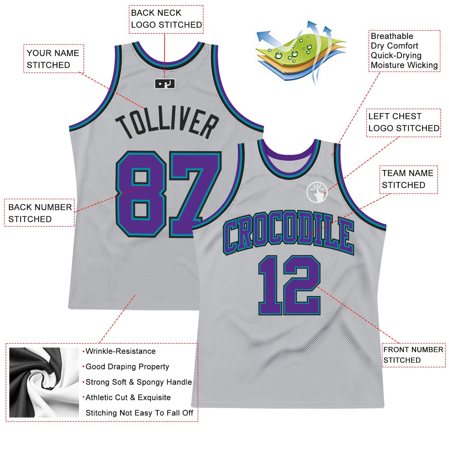 Custom Gray Purple Teal-Black Authentic Throwback Basketball Jersey view 2