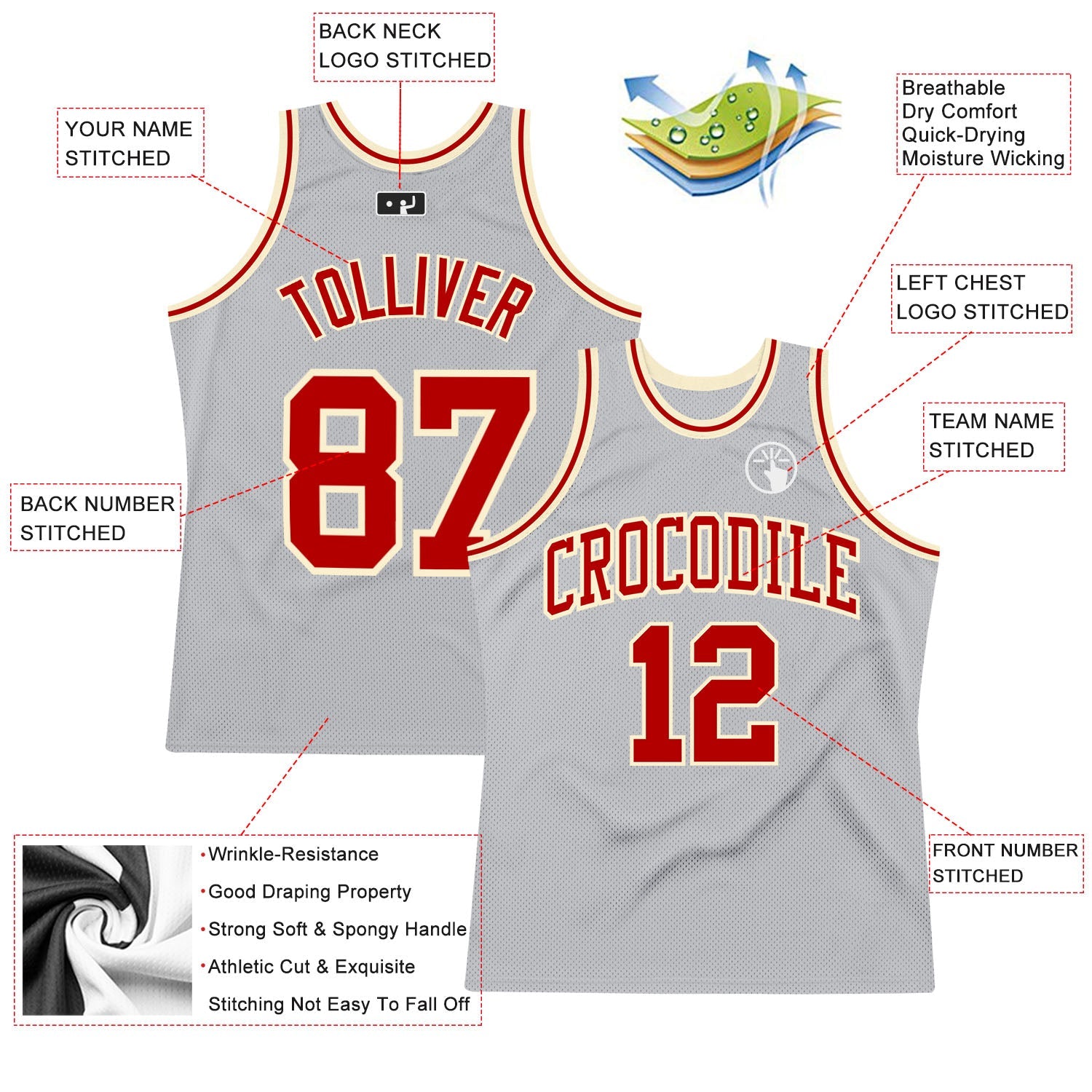 Custom Gray Red-Cream Authentic Throwback Basketball Jersey view 2