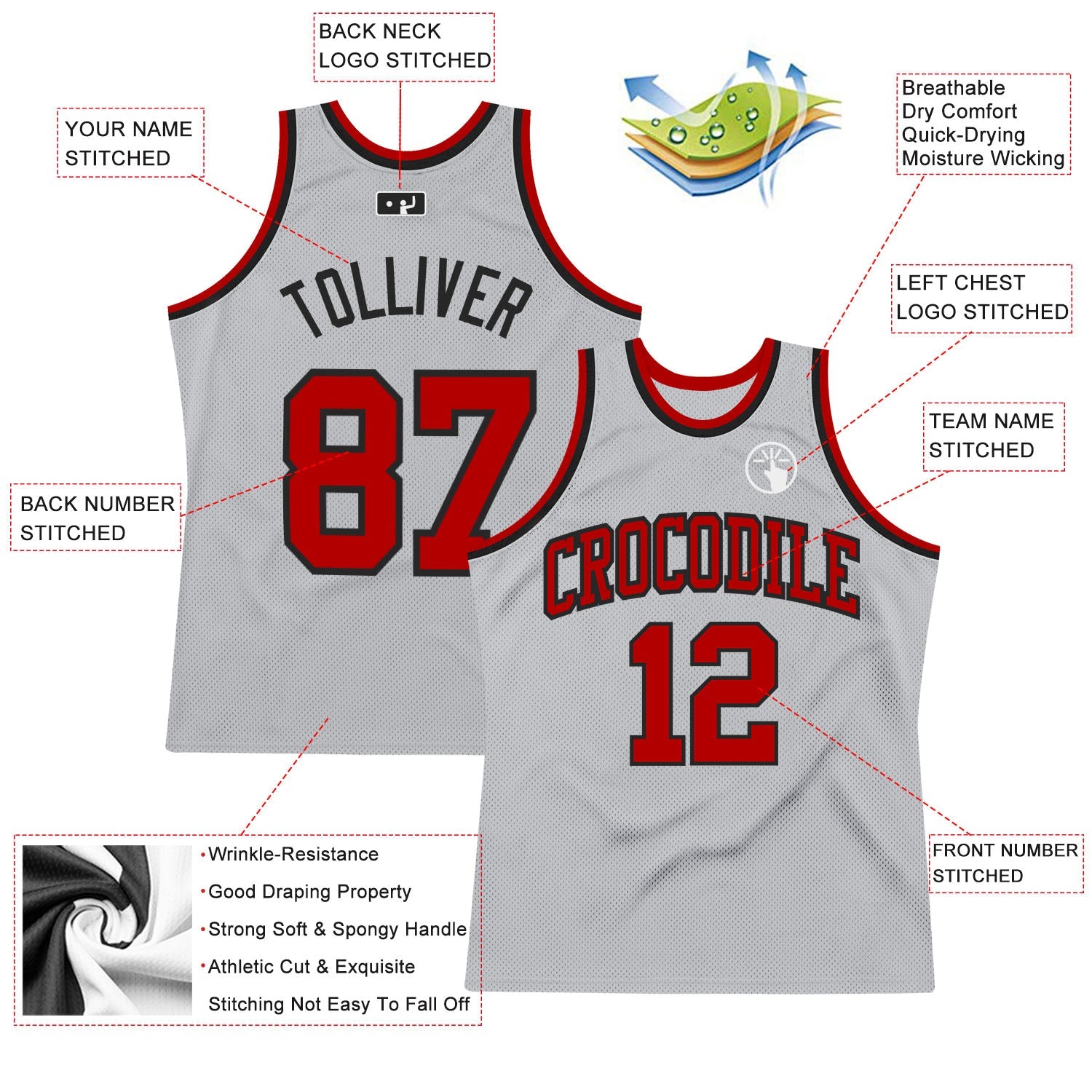 Custom Gray Red-Black Authentic Throwback Basketball Jersey view 2