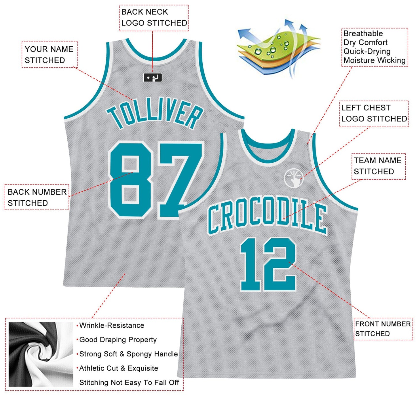 Custom Gray Teal-White Authentic Throwback Basketball Jersey view 2
