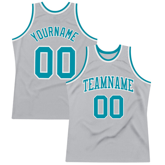 Custom Gray Teal-White Authentic Throwback Basketball Jersey - Main View