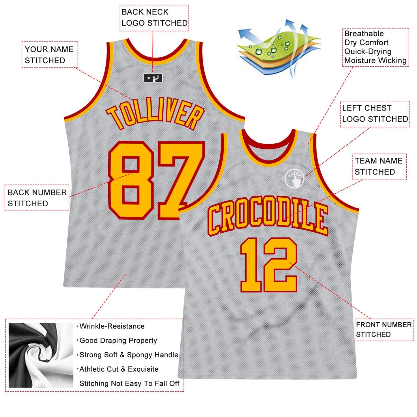 Custom Gray Gold-Red Authentic Throwback Basketball Jersey view 2