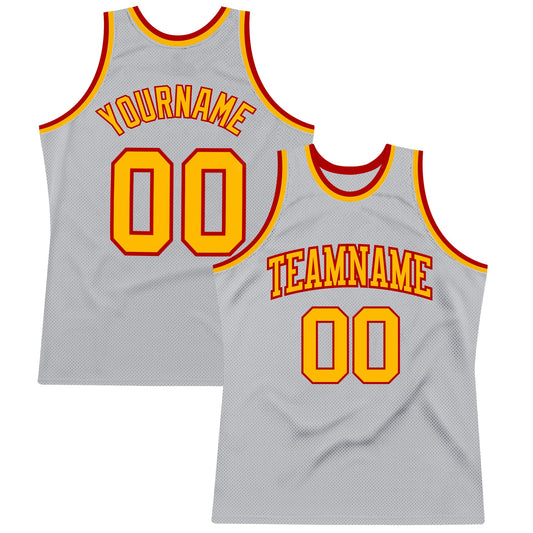 Custom Gray Gold-Red Authentic Throwback Basketball Jersey - Main View