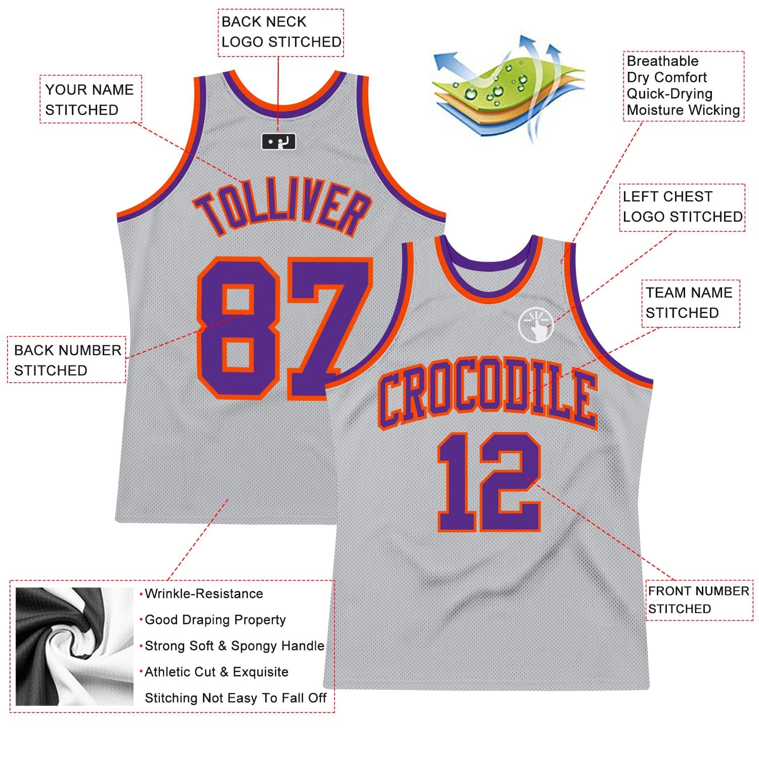 Custom Gray Purple-Orange Authentic Throwback Basketball Jersey view 2