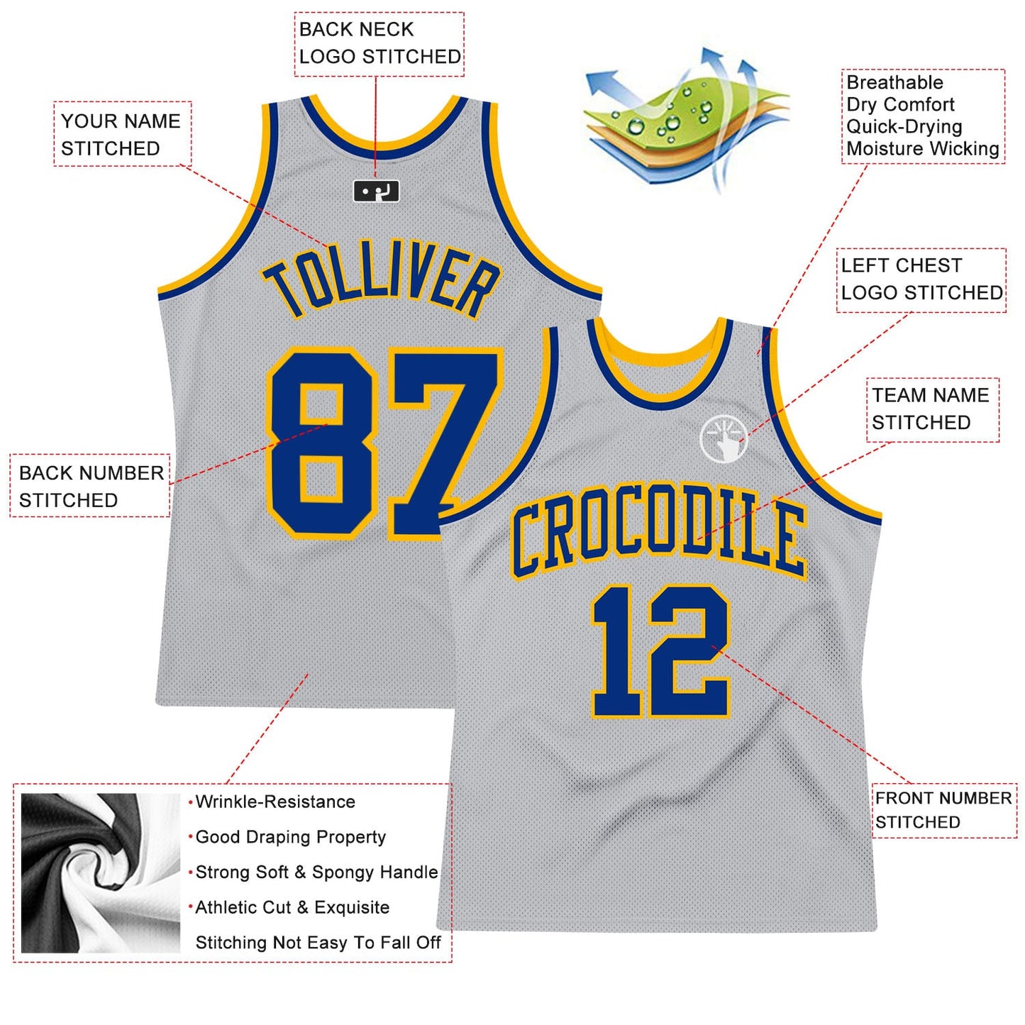 Custom Gray Royal-Gold Authentic Throwback Basketball Jersey view 2