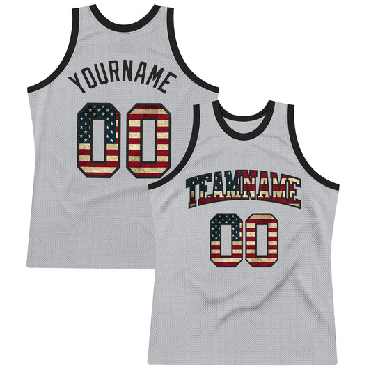 Custom Gray Vintage USA Flag-Black Authentic Throwback Basketball Jersey - Main View