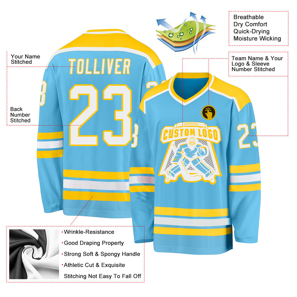 Custom Sky Blue White-Gold Hockey Jersey view 3