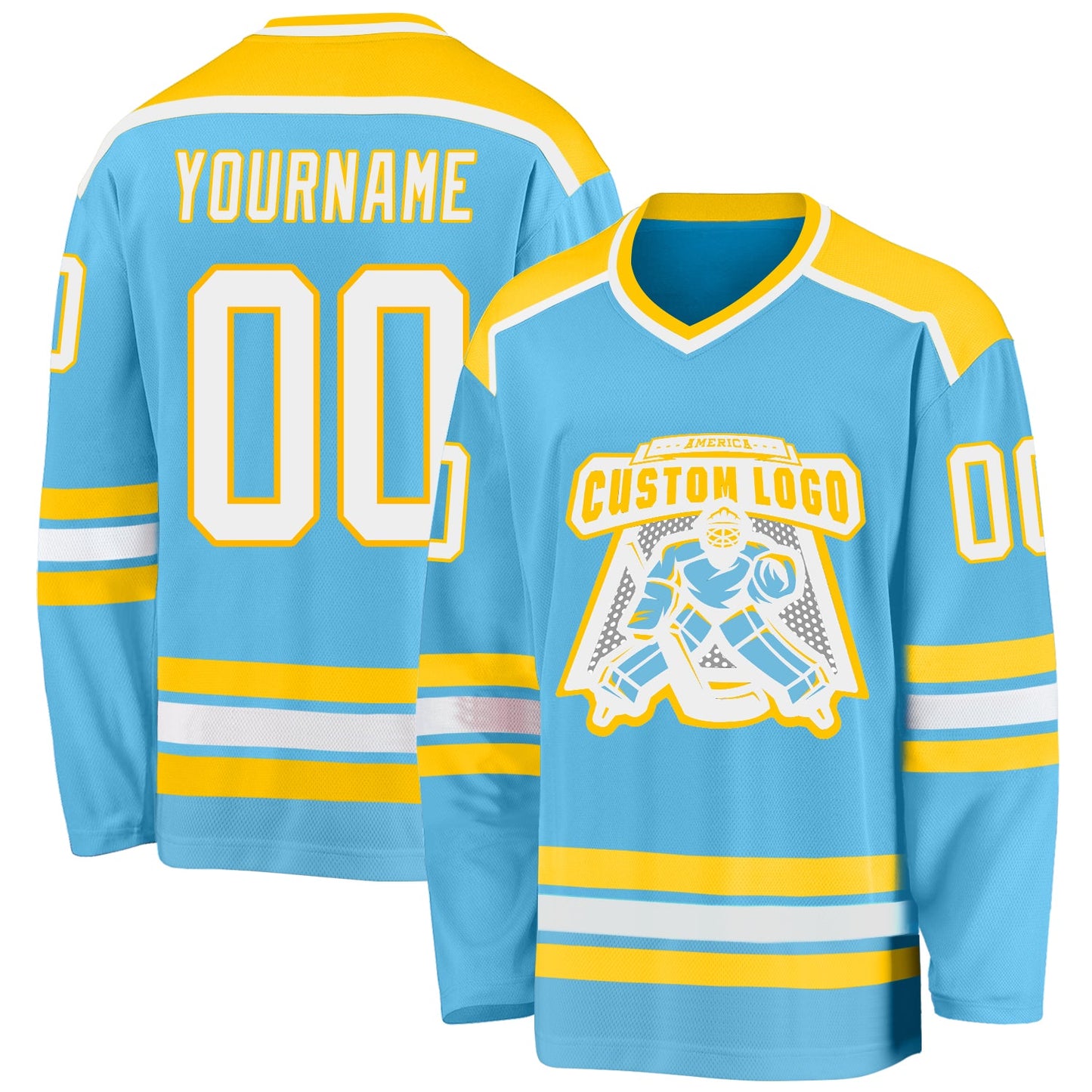 Custom Sky Blue White-Gold Hockey Jersey - Main View