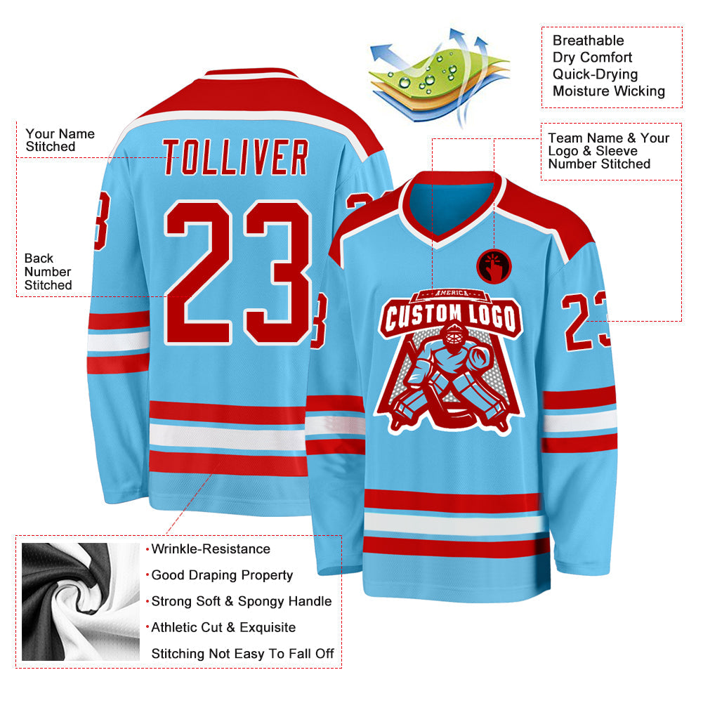 Custom Sky Blue Red-White Hockey Jersey view 3