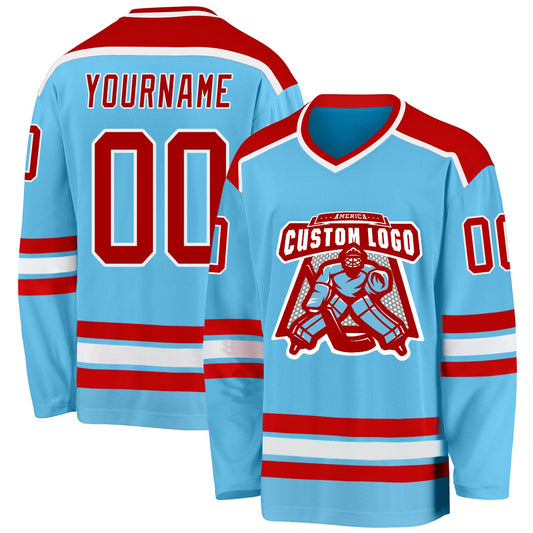 Custom Sky Blue Red-White Hockey Jersey - Main View