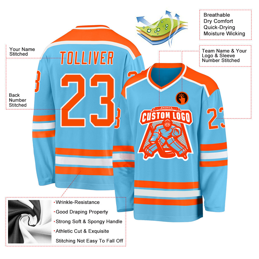 Custom Sky Blue Orange-White Hockey Jersey view 3