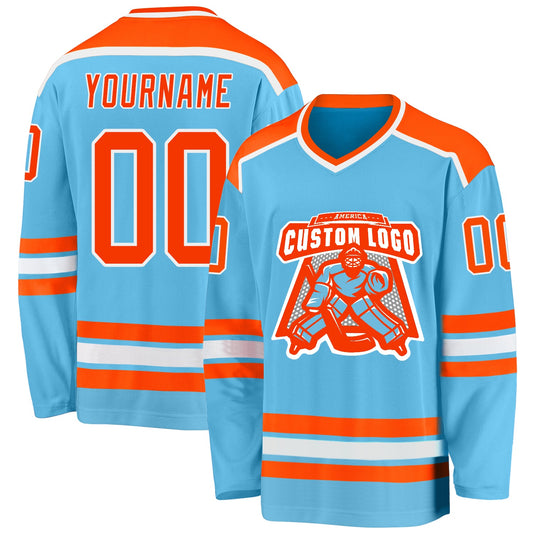 Custom Sky Blue Orange-White Hockey Jersey - Main View
