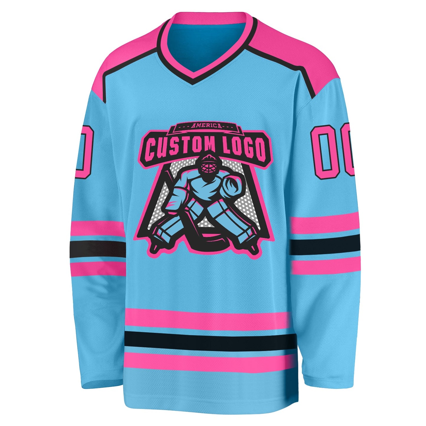 Custom Sky Blue Pink-Black Hockey Jersey view 2